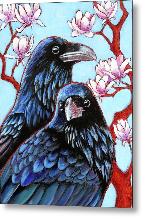 Ravens Metal Print featuring the painting Ravens and Magnolias by Ande Hall