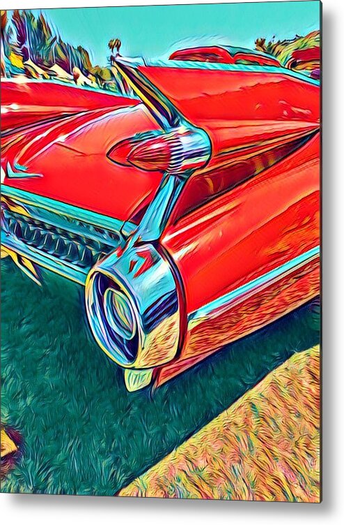 Red Metal Print featuring the photograph Red Cadillac tail fin by Dina Calvarese