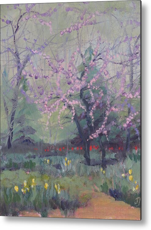 Redbuds Metal Print featuring the painting Redbuds and Tulips by Judy Fischer Walton