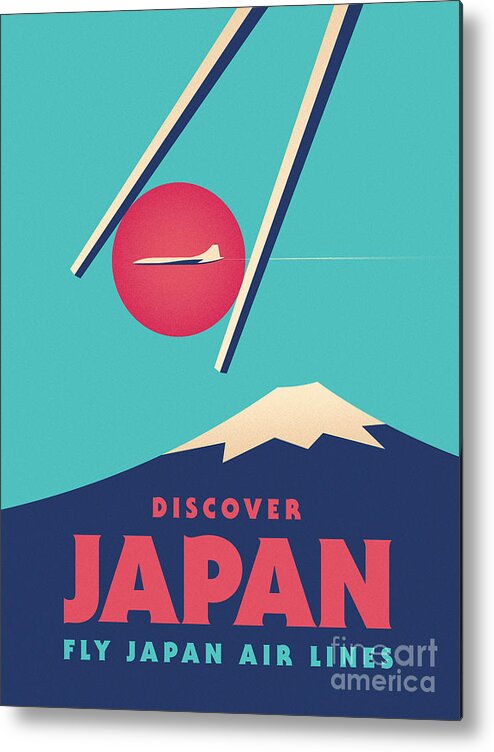 Japan Metal Print featuring the digital art Retro Japan Mt Fuji tourism - Cyan by Organic Synthesis