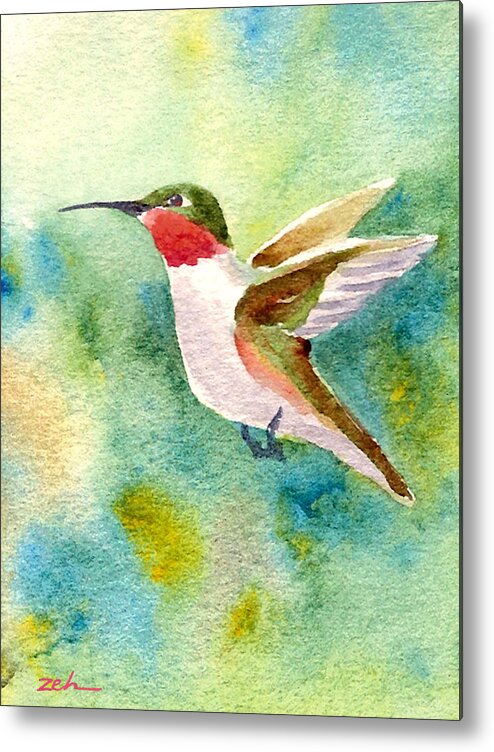 Hummingbird Art Metal Print featuring the painting Ruby-throated Hummingbird by Janet Zeh