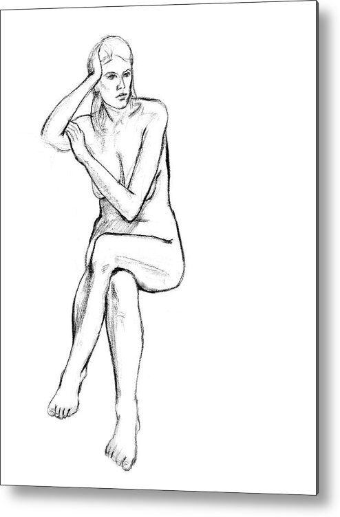 Drawing Metal Print featuring the drawing Seated Nude Woman by Adam Long