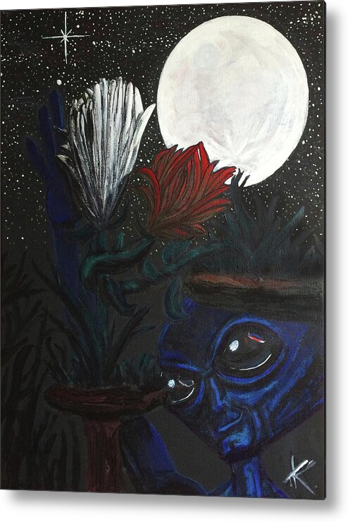 Full Moon Metal Print featuring the painting Similar Alien appreciates flowers by the light of the full moon. by Similar Alien