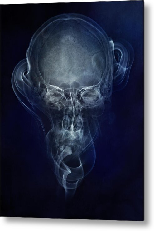 Skull Metal Print featuring the photograph Skulls and smokes - blue version by Jaroslaw Blaminsky