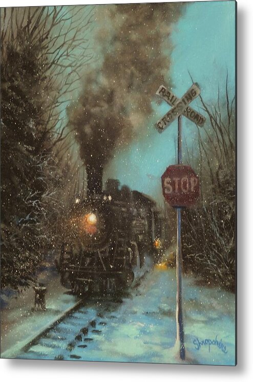 Steam Engine Metal Print featuring the painting Snow and Steam by Tom Shropshire