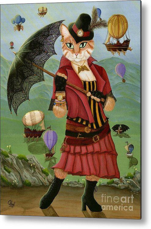 Steampunk Metal Print featuring the painting Steampunk Cat Gal - Victorian Cat by Carrie Hawks