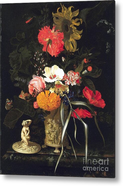Still Life With Flowers In A Decorative Vase Metal Print featuring the painting Still Life with Flowers in a Decorative Vase by MotionAge Designs