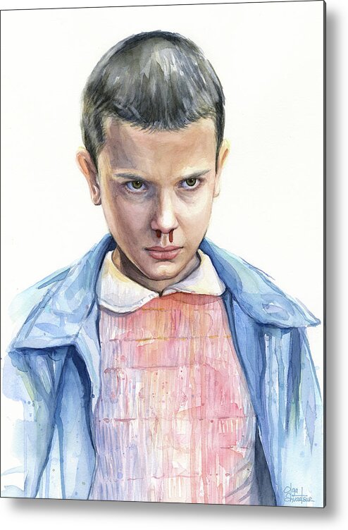 Strager Things Metal Print featuring the painting Stranger Things Eleven Portrait by Olga Shvartsur