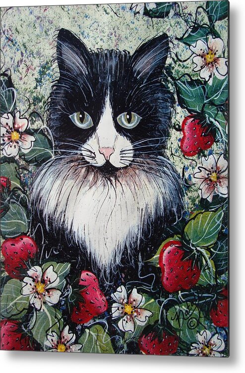 Cat Metal Print featuring the painting Strawberry Lover Cat by Natalie Holland