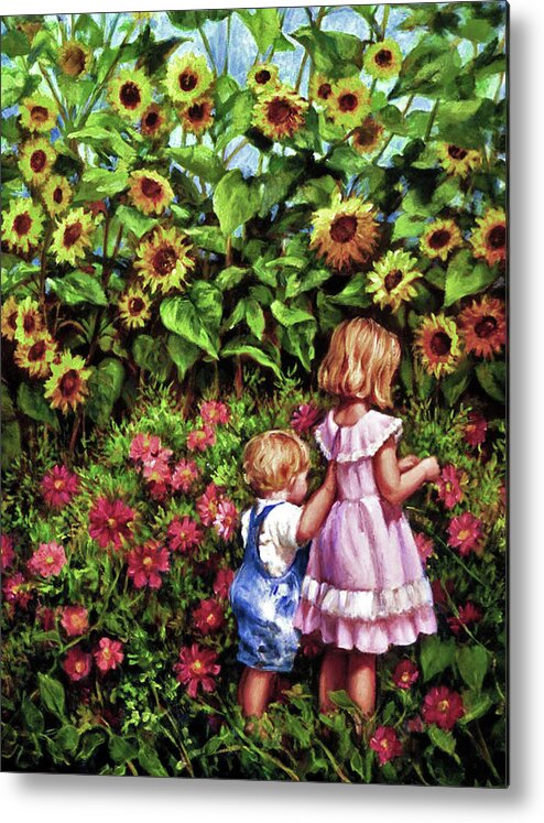 Children With Sunflowers Metal Print featuring the painting Sunflower Garden by Marie Witte