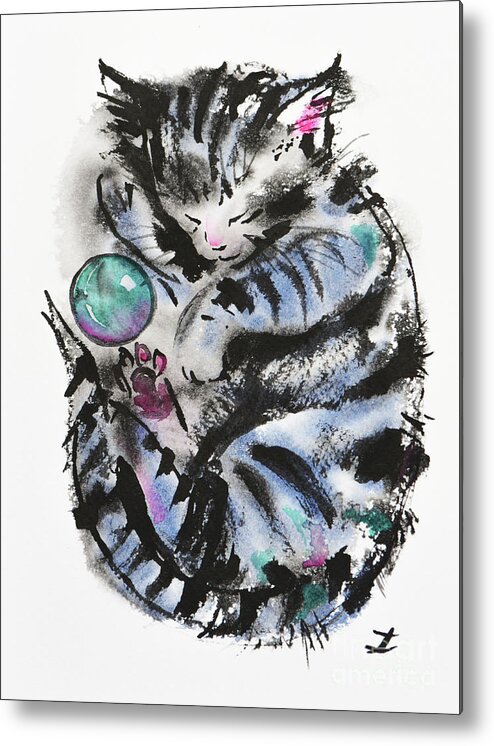 Cat Metal Print featuring the painting Tabby Dreams by Zaira Dzhaubaeva