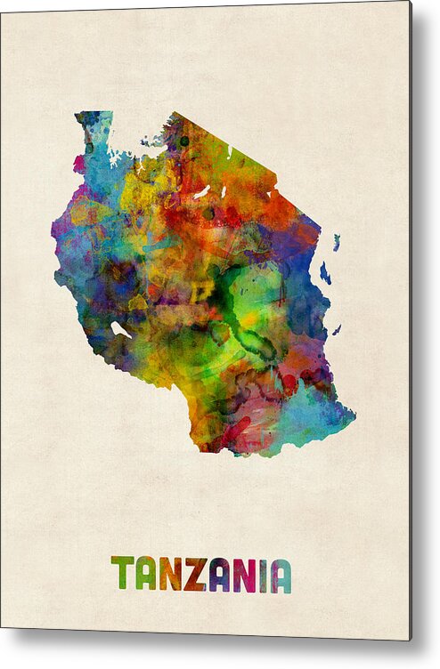 Map Art Metal Print featuring the digital art Tanzania Watercolor Map by Michael Tompsett