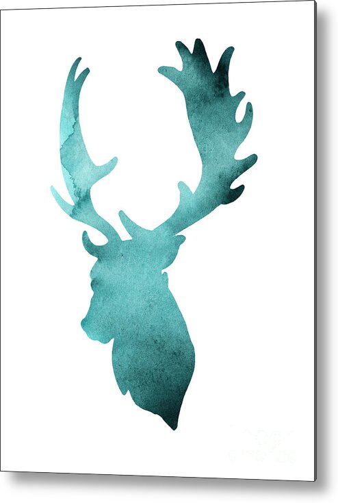 Deer Metal Print featuring the painting Teal deer watercolor painting by Joanna Szmerdt