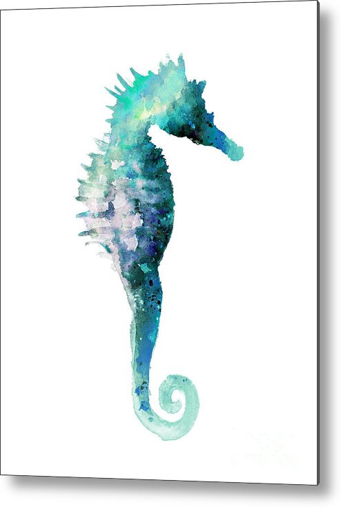 Seahorses Metal Print featuring the painting Teal seahorse nursery art print by Joanna Szmerdt