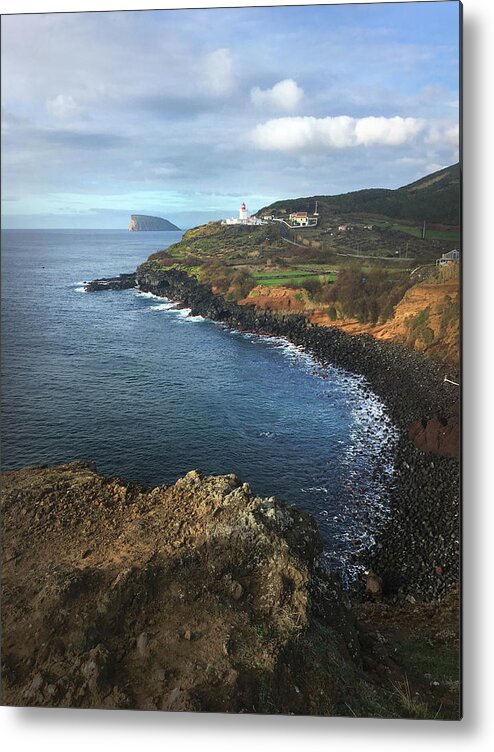 Kelly Hazel Metal Print featuring the photograph Terceira Island Coast with Ilheus de Cabras and Ponta das Contendas Lighthouse by Kelly Hazel