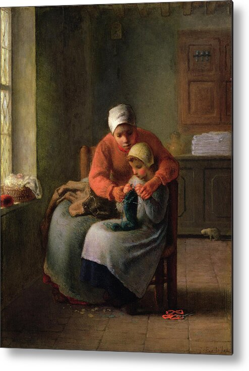 Barbizon School Metal Print featuring the painting The Knitting Lesson by Jean-Francois Millet