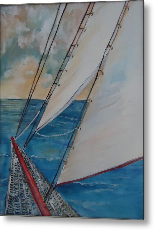 Out On The Open Sea With The Waves And Open Sky .- Red Mast Metal Print featuring the painting The Red Mast by Charme Curtin