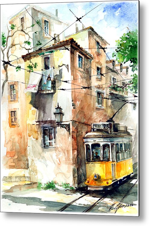 Watercolor Metal Print featuring the painting Tram in Lisboa by Georgi Charaka