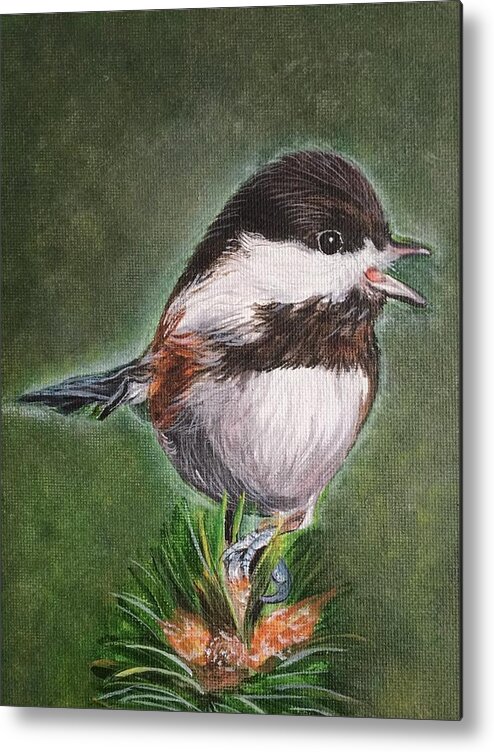 Chickadee Metal Print featuring the painting Tree Topper by Sonja Jones