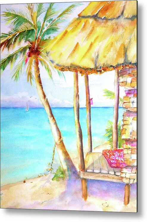 Tropical Metal Print featuring the painting Tropical Beach Hut Watercolor by Carlin Blahnik CarlinArtWatercolor