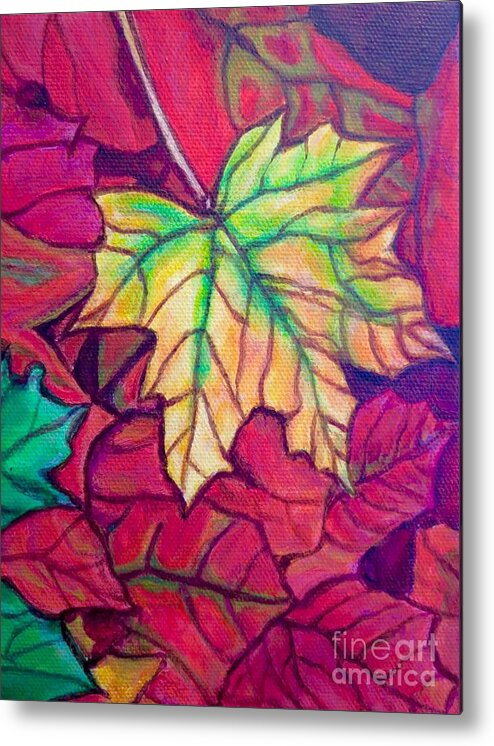 Nature Scene Detail Of A Golden Fall Maple Leaf Close-up View Acrylic Painting Metal Print featuring the painting Turning Maple Leaf in the Fall by Kimberlee Baxter