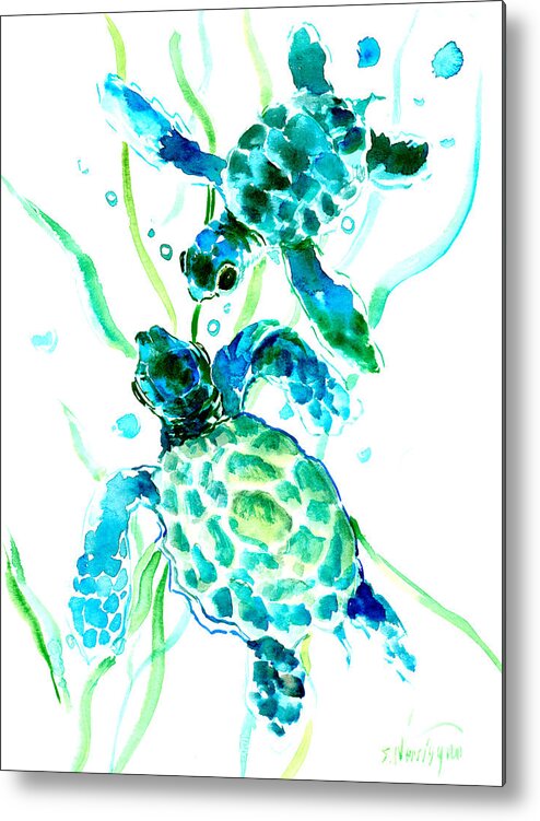 Sea Turtle Metal Print featuring the painting Turquoise Indigo Sea Turtles by Suren Nersisyan