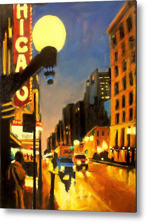Rob Reeves Metal Print featuring the painting Twilight in Chicago - The Watcher by Robert Reeves