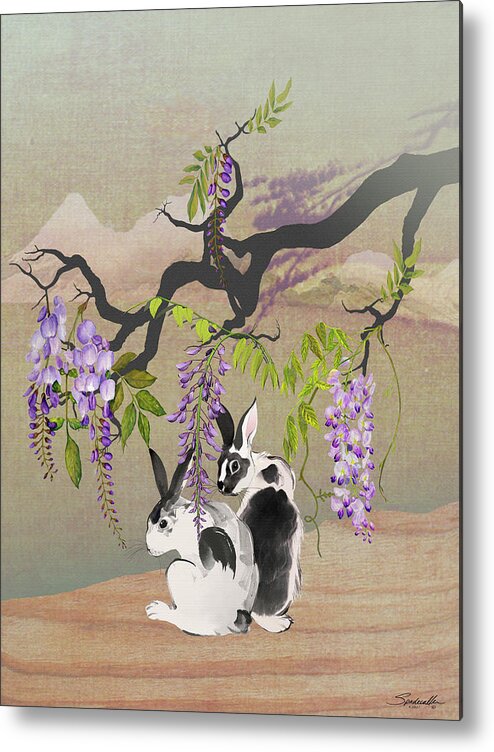 Rabbit Metal Print featuring the digital art Two Rabbits Under Wisteria Tree by M Spadecaller