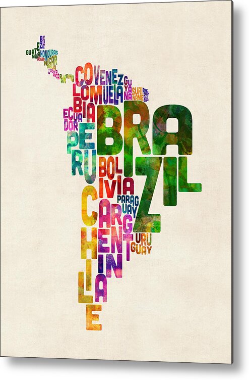 South America Map Metal Print featuring the digital art Typography Map of Central and South America by Michael Tompsett