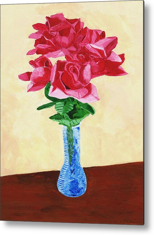  Red Roses Metal Print featuring the painting Vase of Red Roses by Rodney Campbell