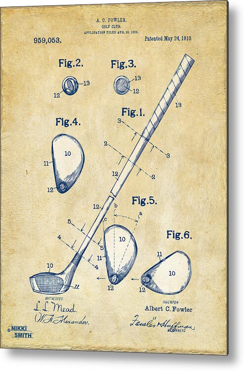Golf Metal Print featuring the digital art Vintage 1910 Golf Club Patent Artwork by Nikki Marie Smith