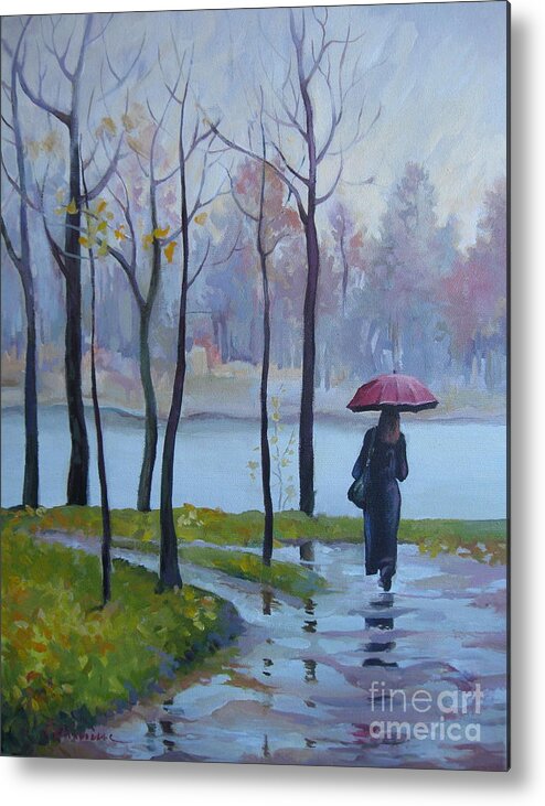 Woman Metal Print featuring the painting Walking in the rain by Elena Oleniuc
