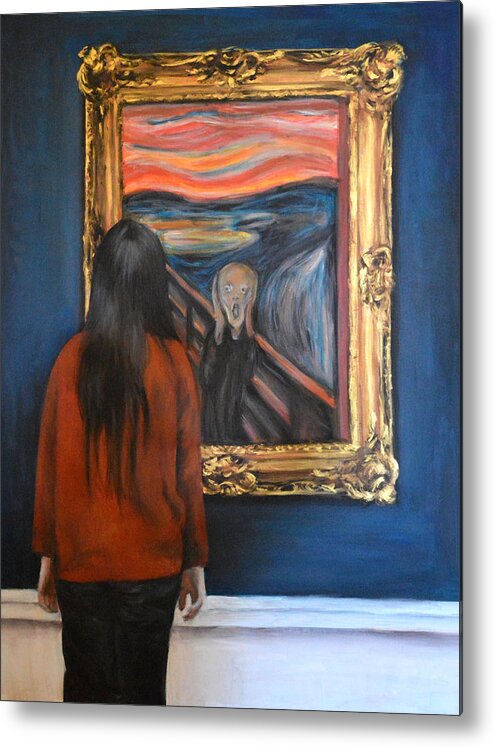 Watching The Scream ( Artist Edvard Munch) Acrylic On Canvas 85x105cm For More Museum Paintings See My Other Work Or Website If You Would Like A Painting Of You Watching Your Favorite Famous Artwork Message Me. Metal Print featuring the painting Watching The Scream by Escha Van den bogerd