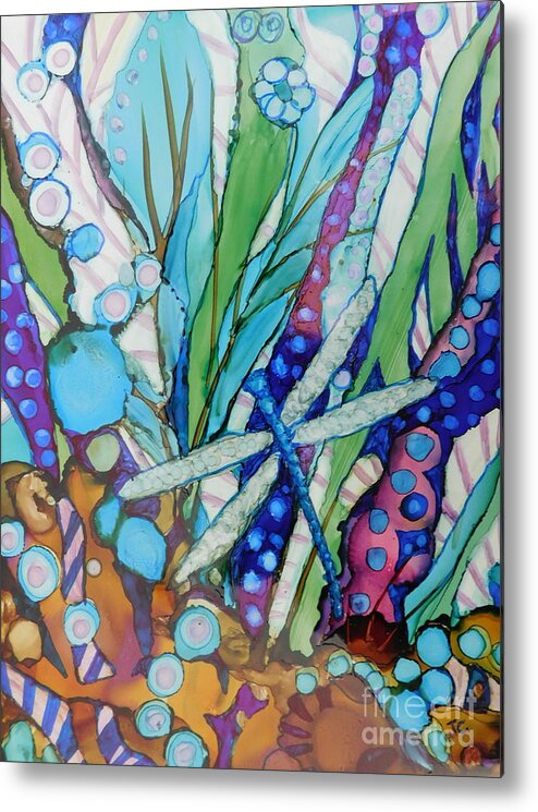 A Lone Dragon Fly Visits This Fanciful Magical Garden I Painted With Vibrant Alcohol Ink Using All The Colors In The Rainbow. (comes Matted And Framed In 8 X 10 Frame.) Metal Print featuring the painting Welcome Visitor by Joan Clear