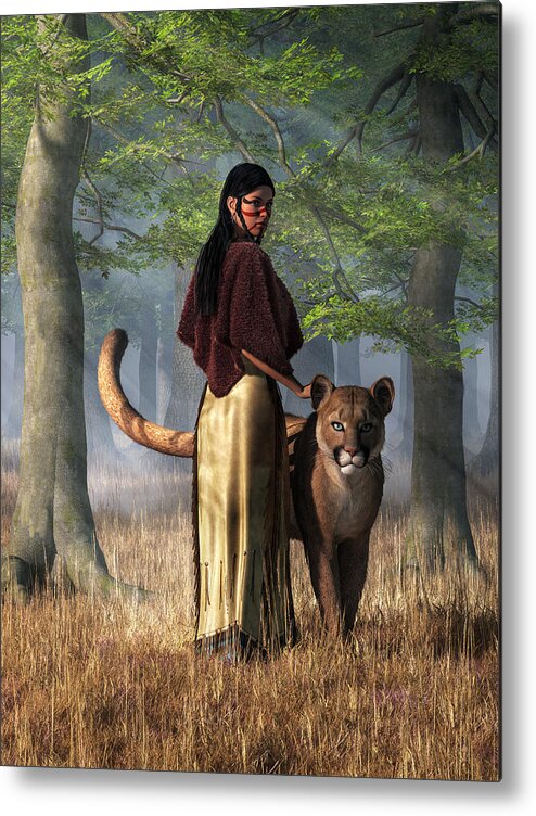Woman With Mountain Lion Metal Print featuring the digital art Woman with Mountain Lion by Daniel Eskridge