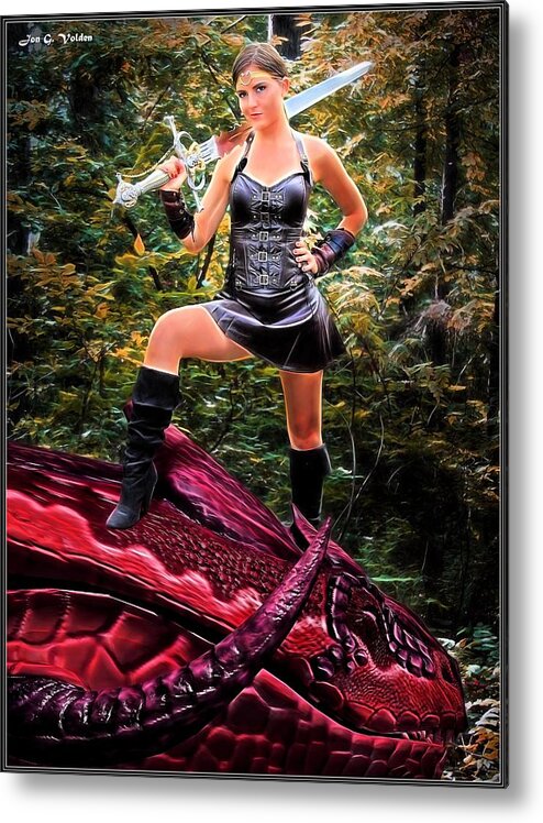 Xena Metal Print featuring the painting Xena Meets Dragon by Jon Volden