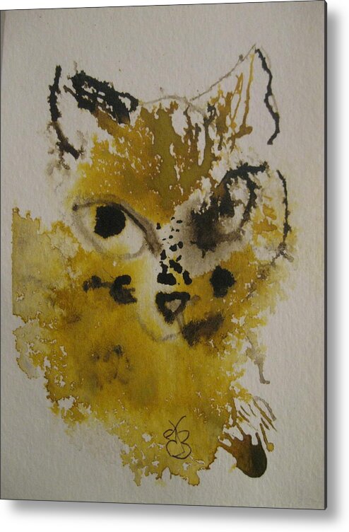 Yellow Metal Print featuring the drawing Yellow And Brown Cat by AJ Brown