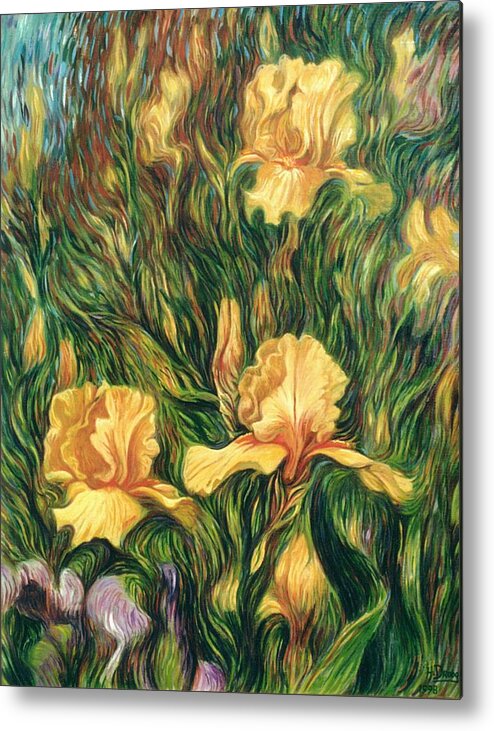 Iris Metal Print featuring the painting Yellow Irises by Hans Droog