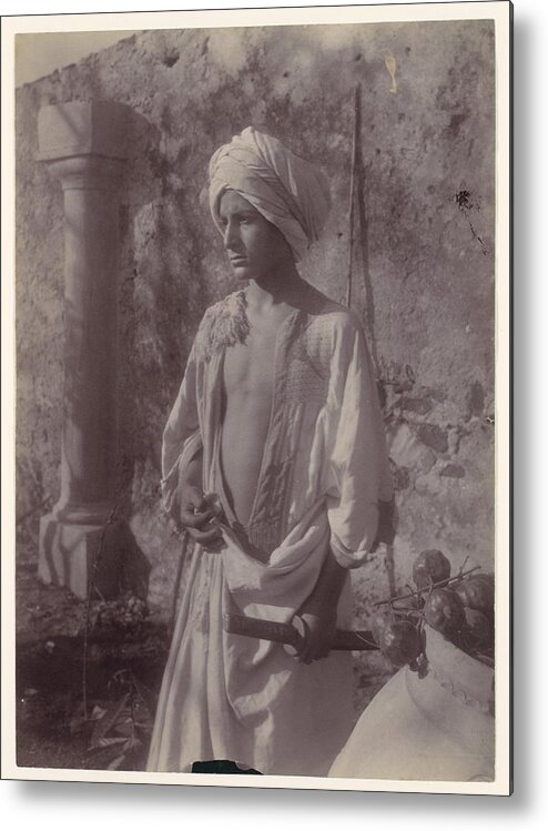 [young Man In White Robe And Head Gear Holding Scabbard Metal Print featuring the painting Young Man in White Robe and Head Gear Holding Scabbard by MotionAge Designs