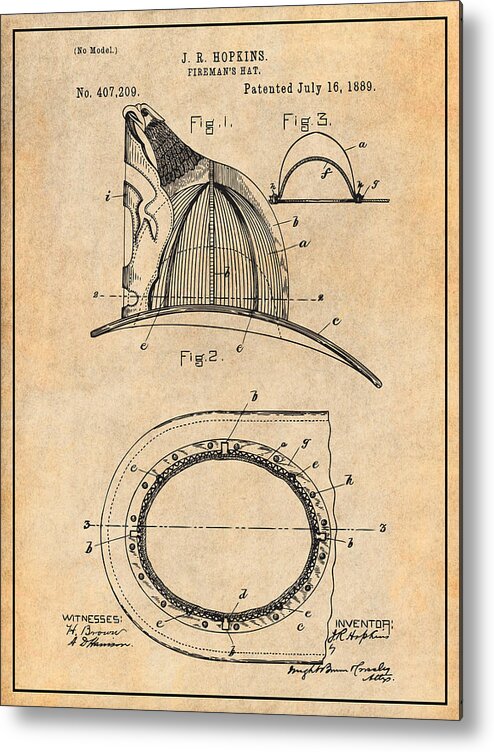 1889 Hopkins Fireman's Hat Patent Print Metal Print featuring the drawing 1889 Hopkins Fireman's Hat Antique Paper Patent Print by Greg Edwards