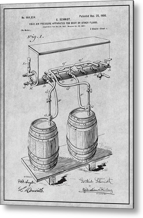 1897 Beer Keg Barrel Cold Air Pressure Apparatus Patent Print Metal Print featuring the drawing 1897 Beer Keg Barrel Cold Air Pressure Apparatus Gray Patent Print by Greg Edwards