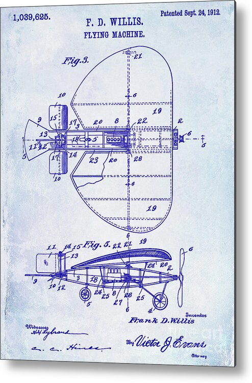 1920 Airplane Patent Metal Print featuring the photograph 1912 Flying Machine Patent Blueprint by Jon Neidert