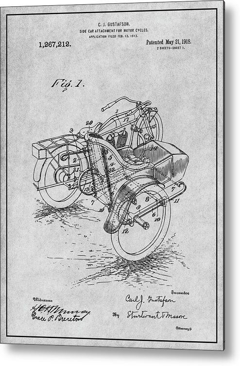 1913 Side Car Attachment For Motorcycle Patent Print Metal Print featuring the drawing 1913 Side Car Attachment for Motorcycle Gray Patent Print by Greg Edwards