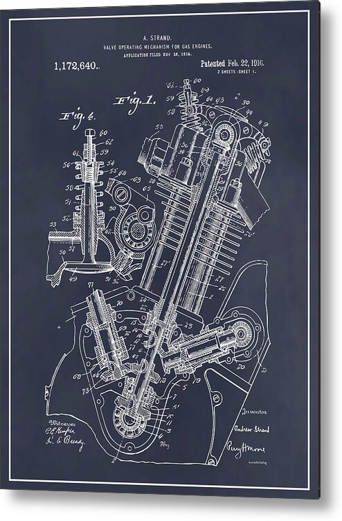 1914 Strand Ohc Motorcycle Engine Patent Print Metal Print featuring the drawing 1914 Strand OHC Motorcycle Engine Blackboard Patent Print by Greg Edwards