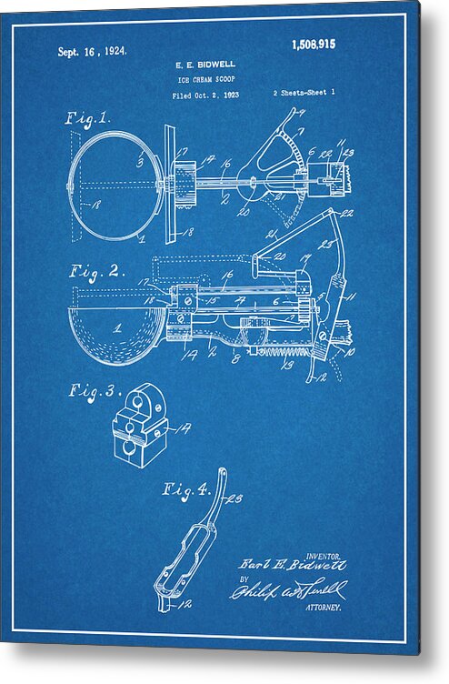 Art & Collectibles Metal Print featuring the drawing 1924 Ice Cream Scoop Blueprint Patent Print by Greg Edwards