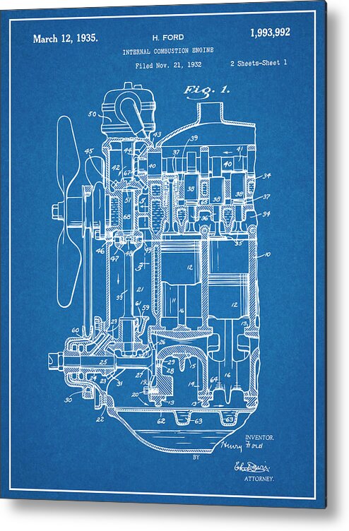 Henry Ford Metal Print featuring the drawing 1932 Henry Ford Engine Patent Print Blueprint by Greg Edwards