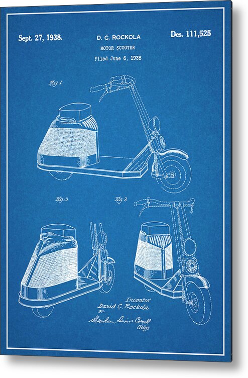 1938 Rockola Motor Scooter Patent Print Metal Print featuring the drawing 1938 Rockola Motor Scooter Patent Print Blueprint by Greg Edwards
