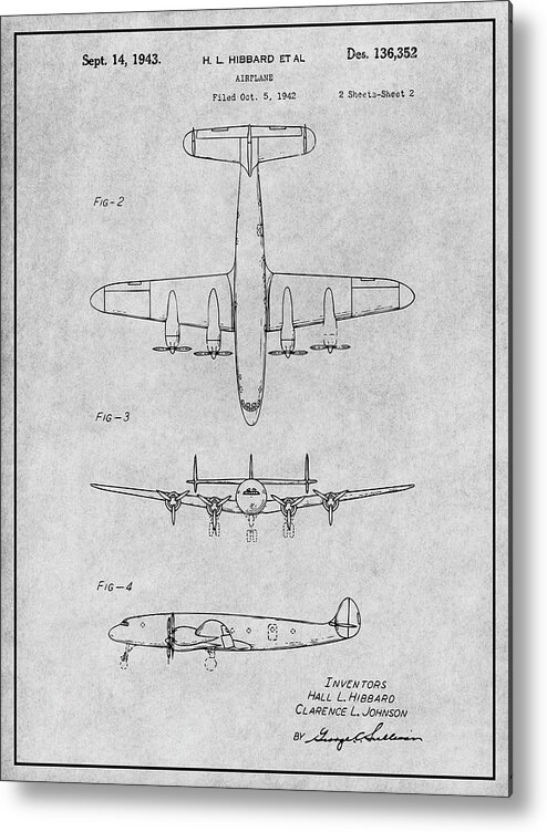 1942 Lockheed Constellation Airliner Patent Print 2 Metal Print featuring the drawing 1942 Lockheed Constellation Airliner Gray Patent Print by Greg Edwards