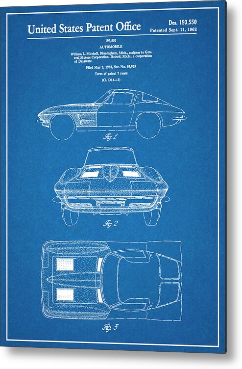 1963 Corvette Metal Print featuring the drawing 1963 Corvette Stingray Car Poster, Corvette Stingray Patent, Corvette Stingray Blueprint, Corvette S by Greg Edwards