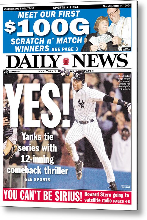 American League Baseball Metal Print featuring the photograph Daily News Front Page Derek Jeter #2 by New York Daily News